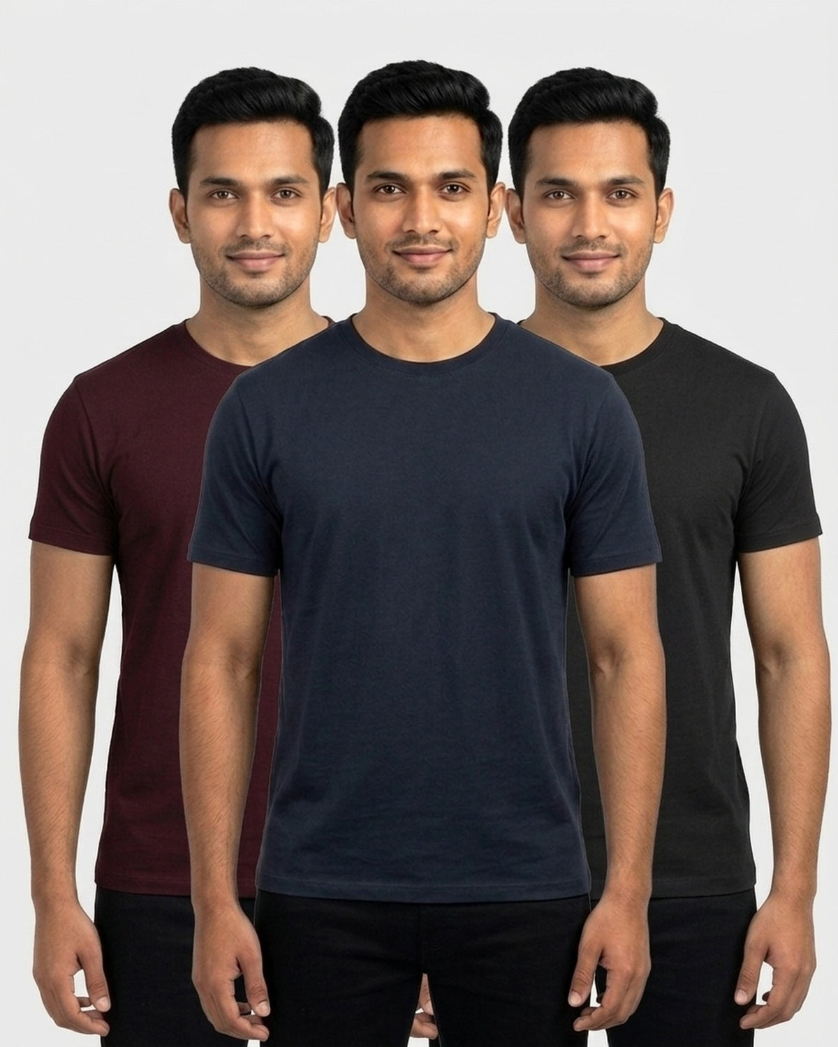 Supima 3-pack for wheatish skin: Navy Blue + Maroon + Black (group photo)