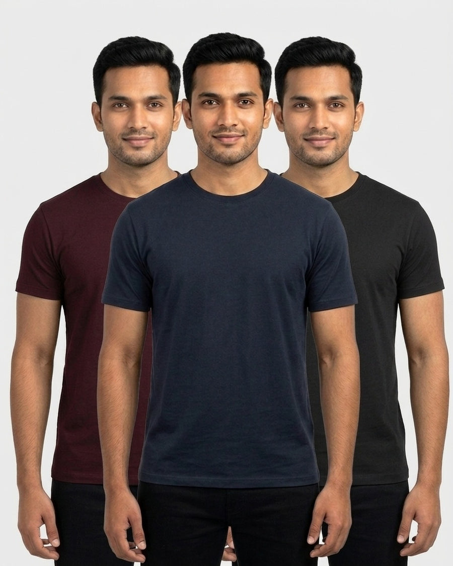 Supima 3-pack for wheatish skin: Navy Blue + Maroon + Black (group photo)