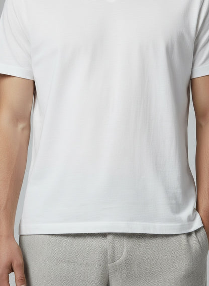 V-Neck T-Shirt — Premium cotton smooth knit fabric detail