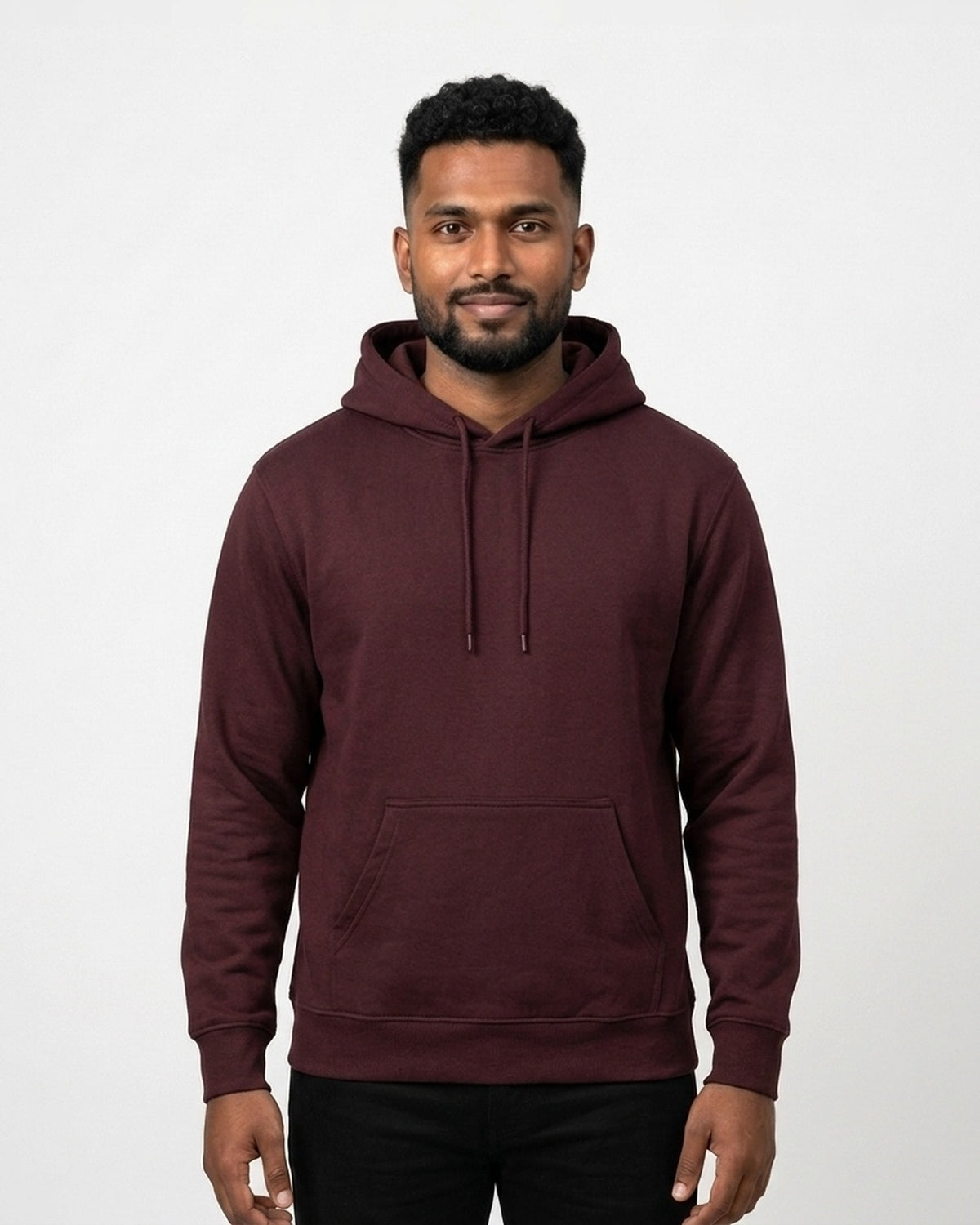 Hoodie in Maroon on dusky skin — MULTITHREAD