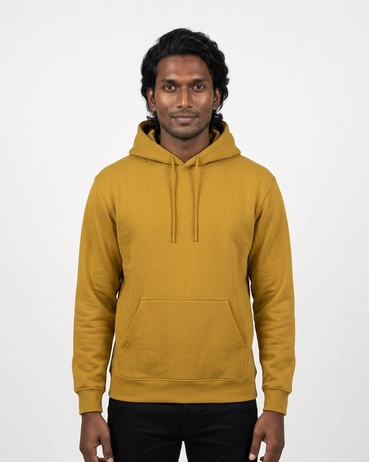 Hoodie in Mustard Yellow on deep skin — MULTITHREAD
