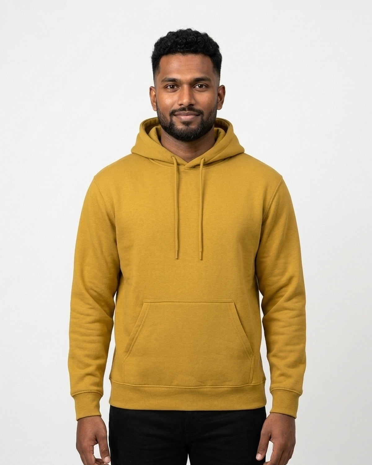 Hoodie in Mustard Yellow on dusky skin — MULTITHREAD