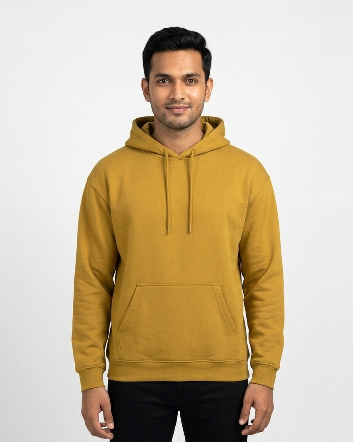 Hoodie in Mustard Yellow on wheatish skin — MULTITHREAD