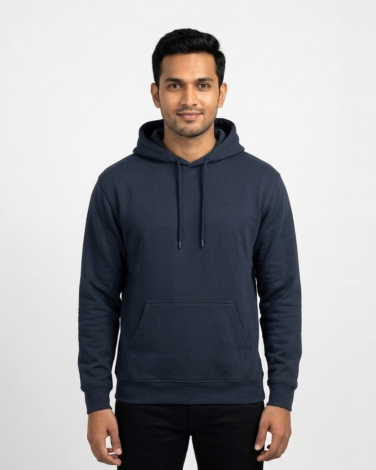 Hoodie in Navy Blue on wheatish skin — MULTITHREAD