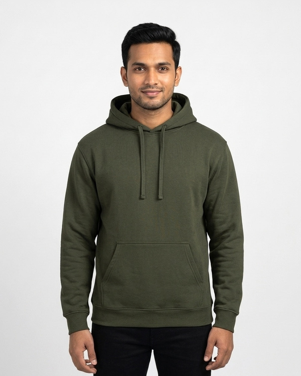 Hoodie in Olive Green on wheatish skin — MULTITHREAD
