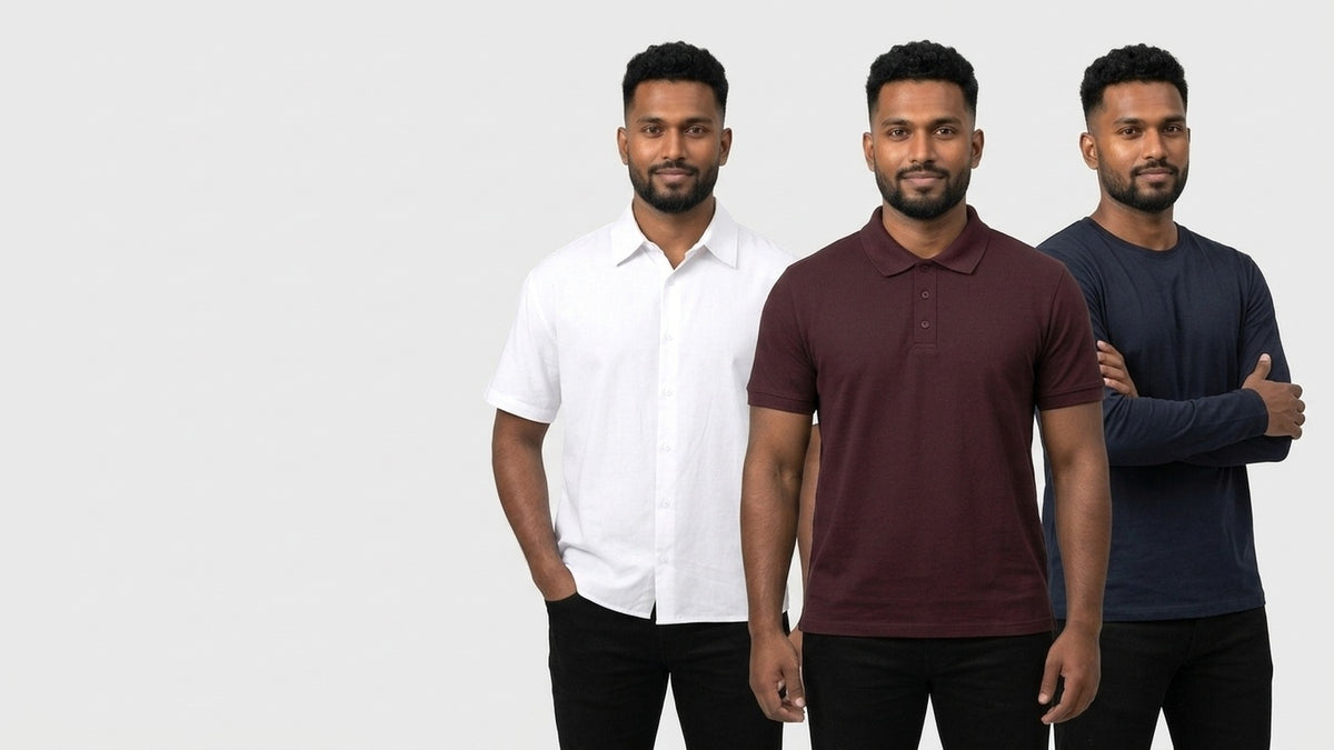 MULTITHREAD men's basics on dusky skin: polo shirt in Maroon, half-sleeve shirt in White, full-sleeve t-shirt in Navy Blue