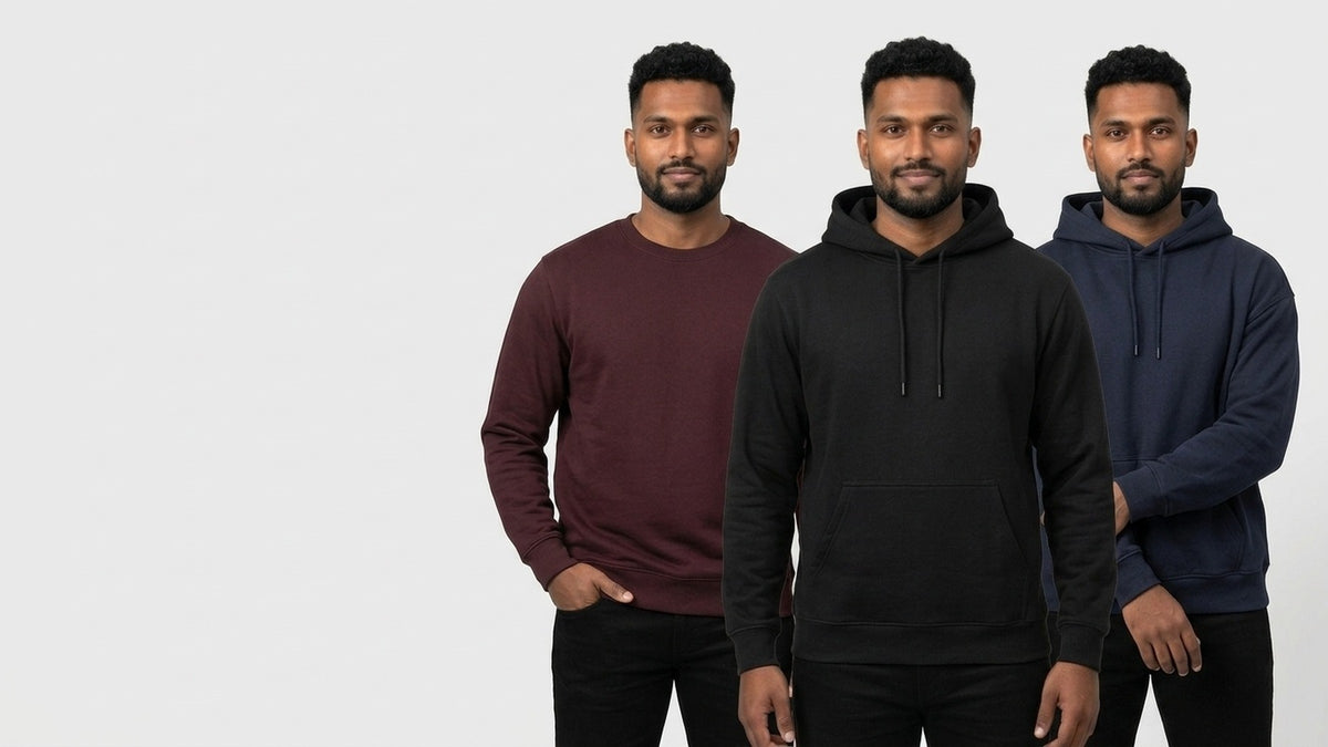 MULTITHREAD men's basics on dusky skin: hoodie in Black, sweatshirt in Maroon, oversized hoodie in Navy Blue