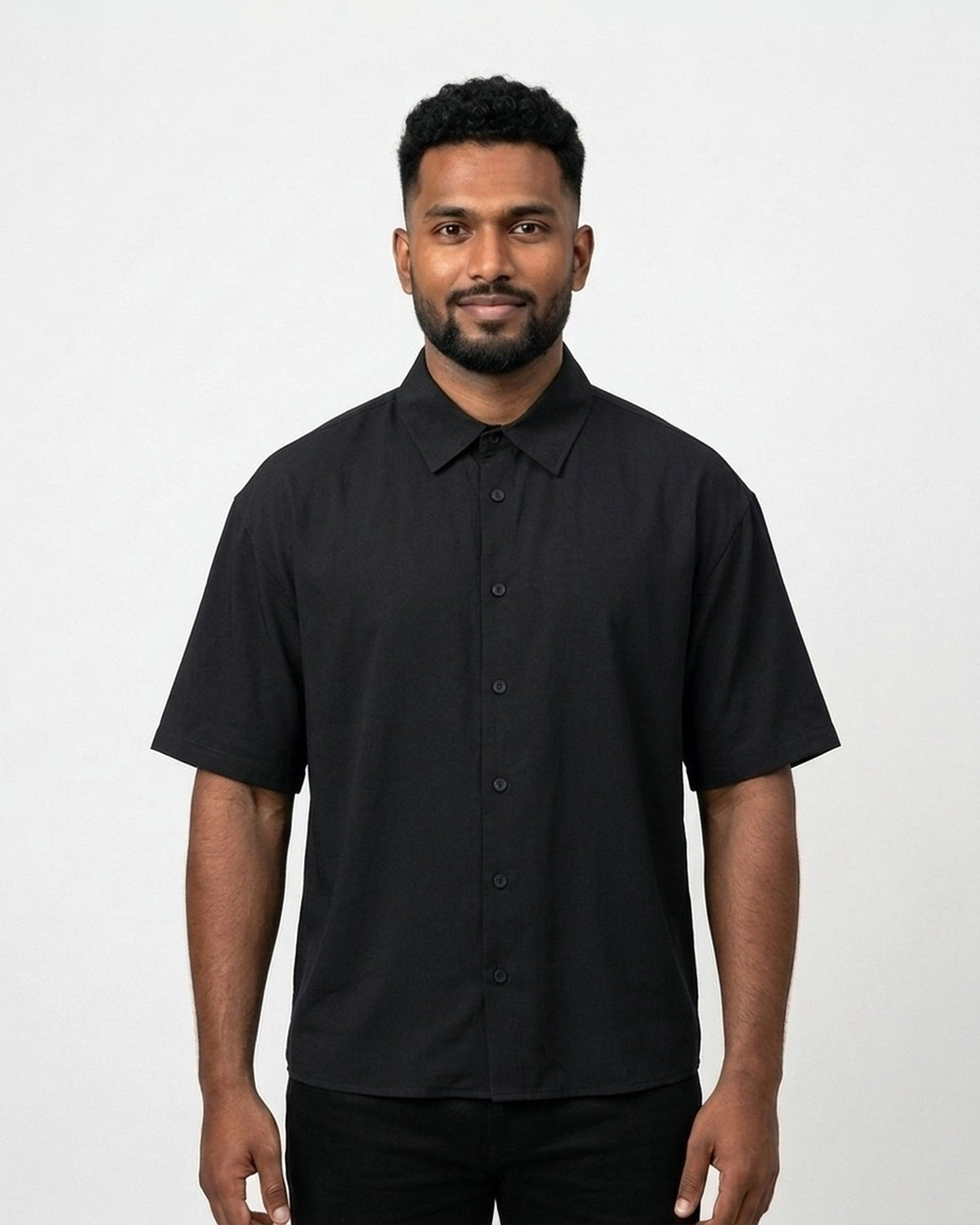 Oversized Half Sleeve Shirt in Black on dusky skin — MULTITHREAD