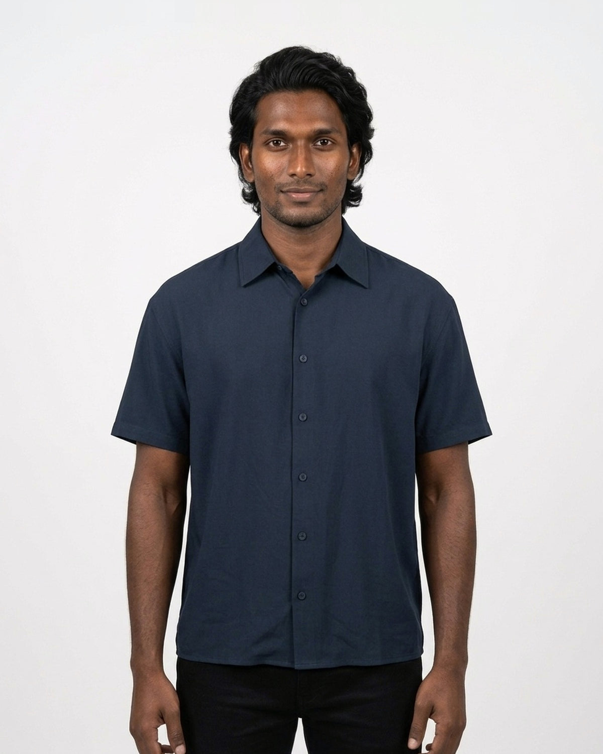 Oversized Half Sleeve Shirt in Navy Blue on deep skin — MULTITHREAD