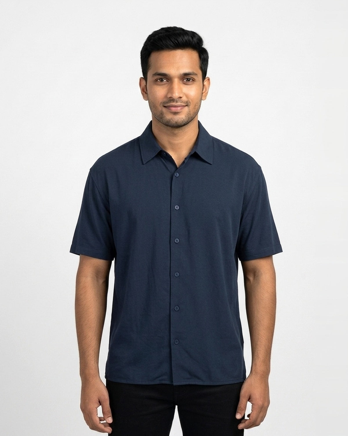 Oversized Half Sleeve Shirt in Navy Blue on wheatish skin — MULTITHREAD