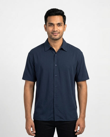 Oversized Half Sleeve Shirt in Navy Blue on wheatish skin — MULTITHREAD