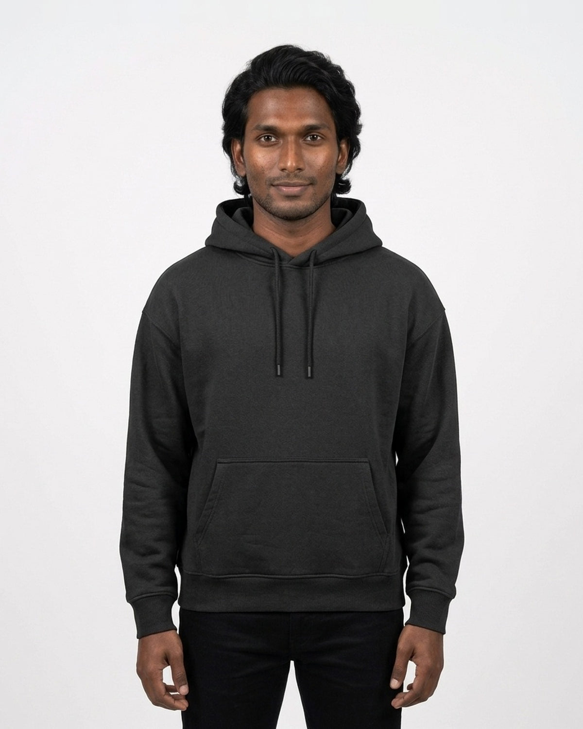 Oversized Hoodie in Black on deep skin — MULTITHREAD