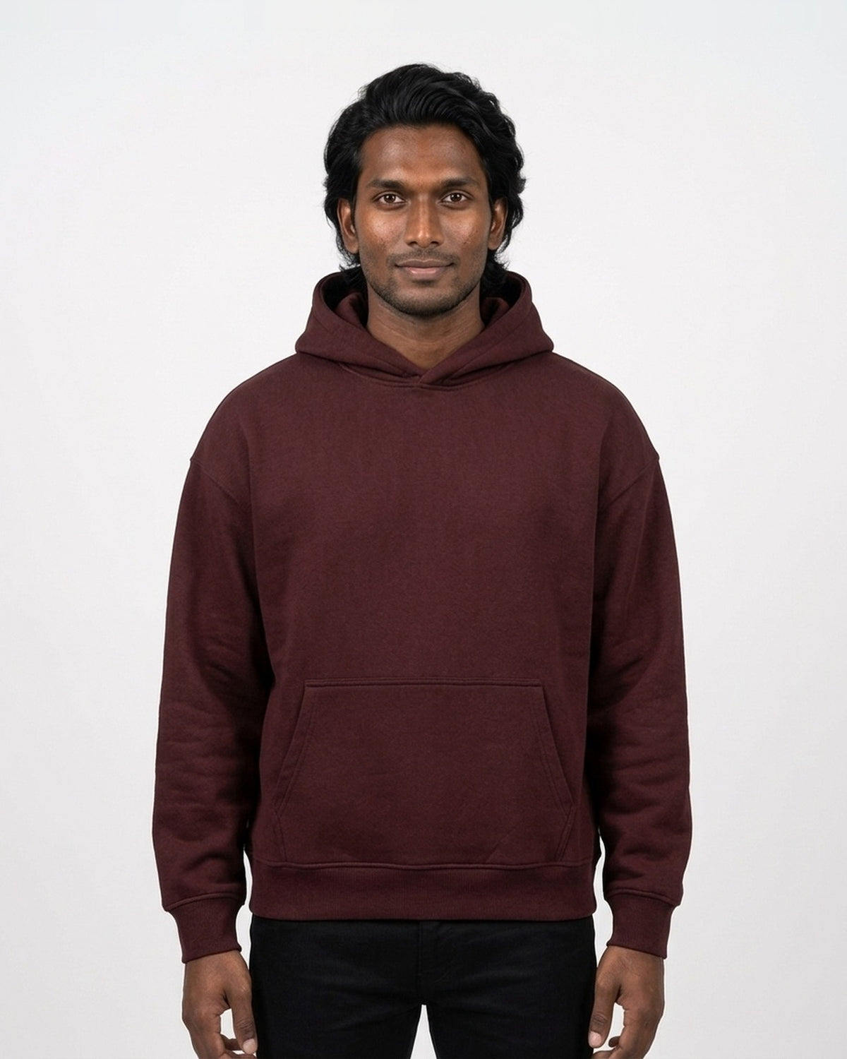 Oversized Hoodie in Maroon on deep skin — MULTITHREAD