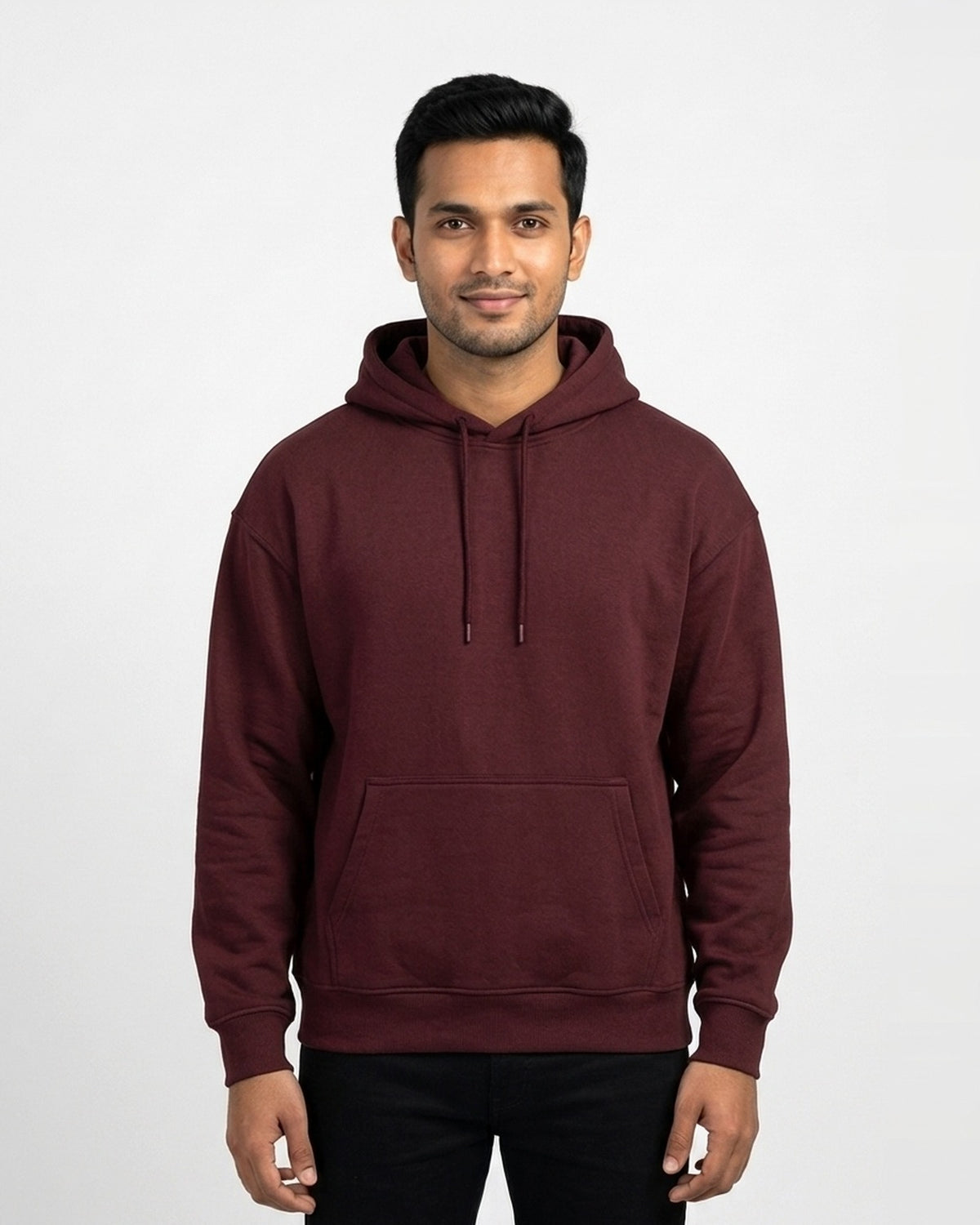 Oversized Hoodie in Maroon on wheatish skin — MULTITHREAD
