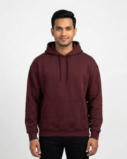 Oversized Hoodie in Maroon on wheatish skin — MULTITHREAD