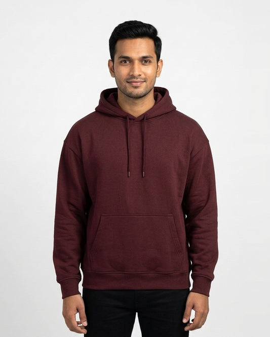 Oversized Hoodie in Maroon on wheatish skin — MULTITHREAD