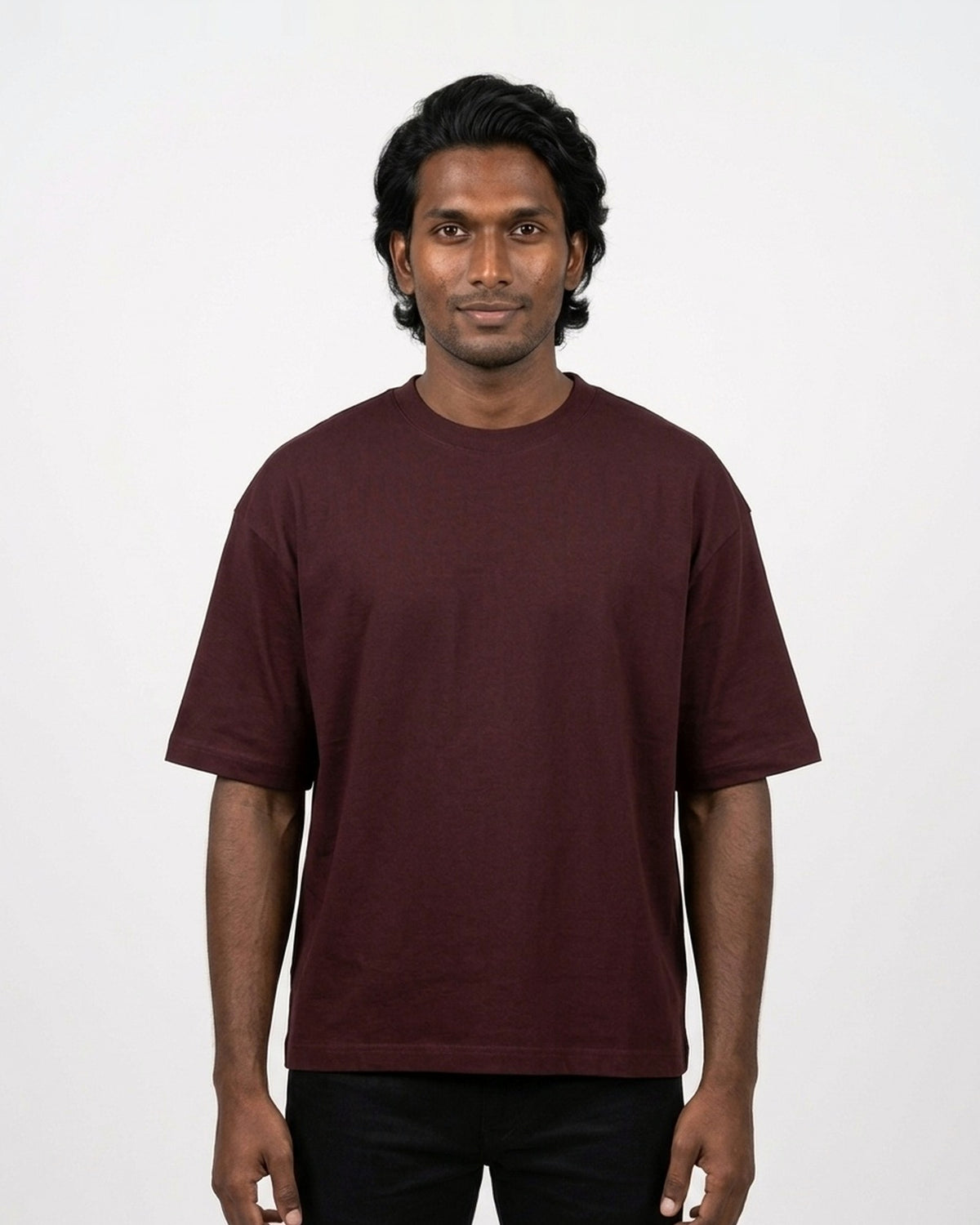 Oversized T-Shirt 240 GSM in Maroon on deep skin — MULTITHREAD