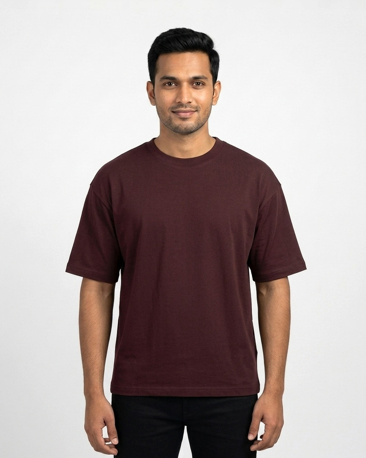 Oversized T-Shirt 240 GSM in Maroon on wheatish skin — MULTITHREAD