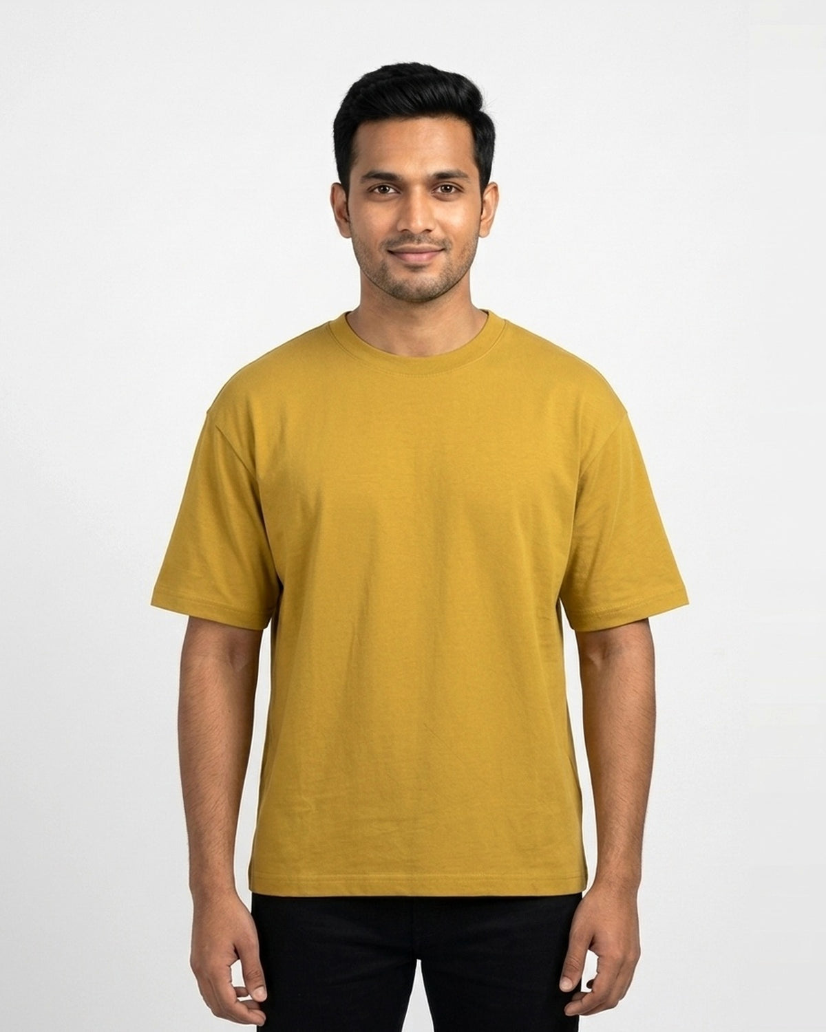 Oversized T-Shirt 240 GSM in Mustard Yellow on wheatish skin — MULTITHREAD