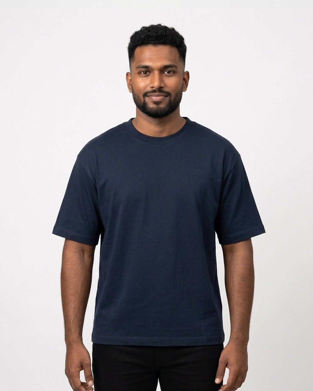 Oversized T-Shirt 240 GSM in Navy Blue on dusky skin — MULTITHREAD