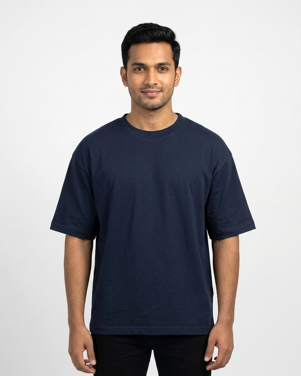 Oversized T-Shirt 240 GSM in Navy Blue on wheatish skin — MULTITHREAD