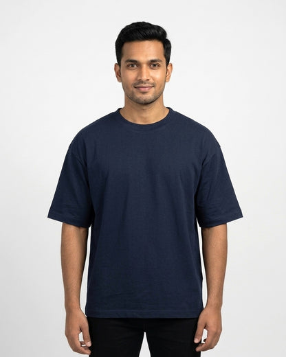 Oversized T-Shirt 240 GSM in Navy Blue on wheatish skin — MULTITHREAD