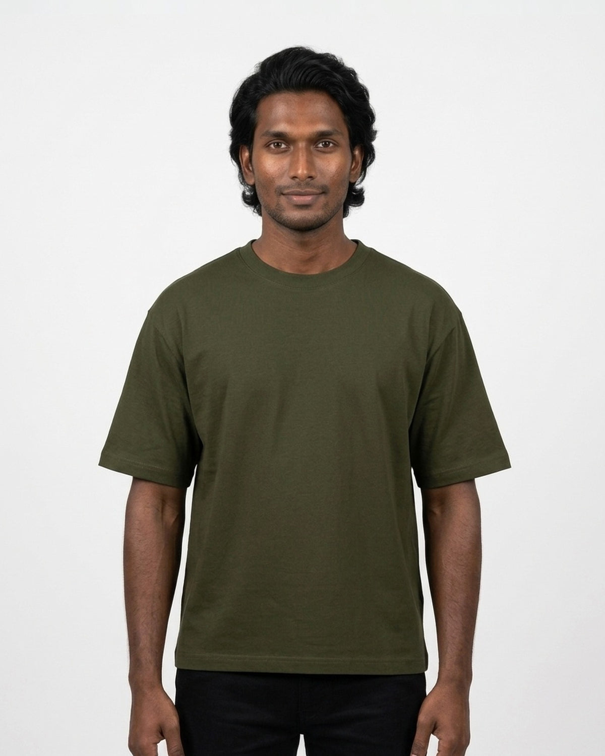Oversized T-Shirt 240 GSM in Olive Green on deep skin — MULTITHREAD
