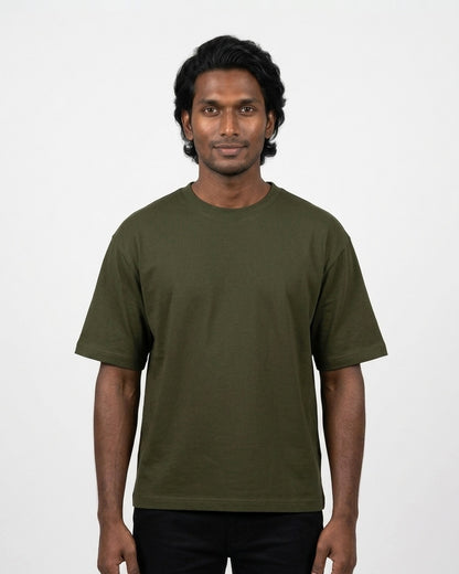 Oversized T-Shirt 240 GSM in Olive Green on deep skin — MULTITHREAD
