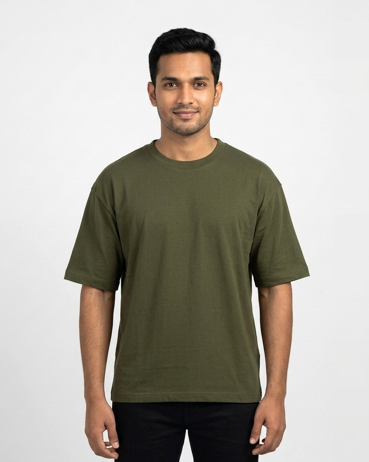 Oversized T-Shirt 240 GSM in Olive Green on wheatish skin — MULTITHREAD