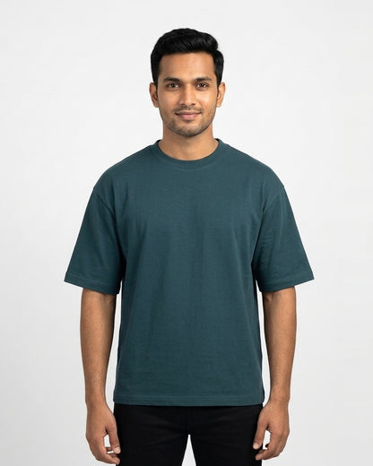 Oversized T-Shirt 240 GSM in Petrol Blue on wheatish skin — MULTITHREAD