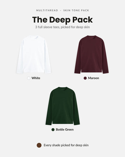 Full Sleeve T-Shirt 3-pack for deep skin: White + Maroon + Bottle Green (flat lay)