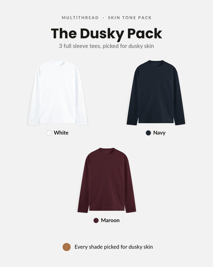 Full Sleeve T-Shirt 3-pack for dusky skin: White + Navy Blue + Maroon (flat lay)