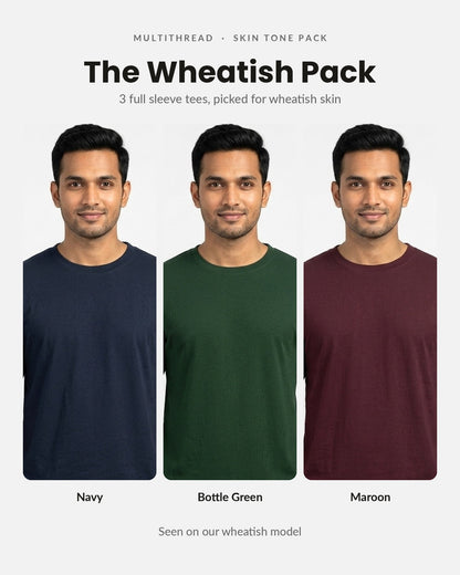 Full Sleeve T-Shirt 3-pack for wheatish skin: Navy Blue + Bottle Green + Maroon (on model)