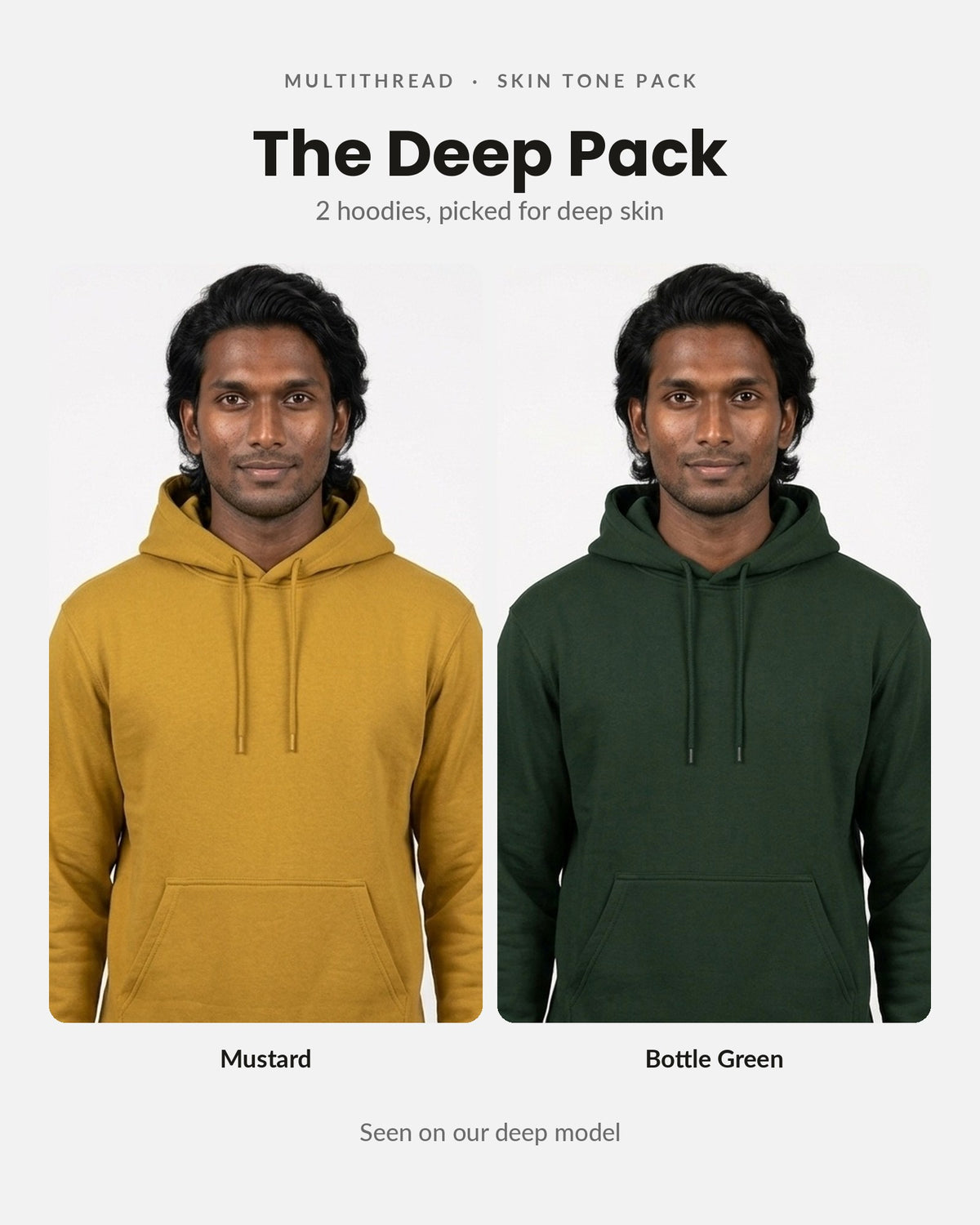 Hoodie 2-pack for deep skin: Mustard Yellow + Bottle Green (on model)
