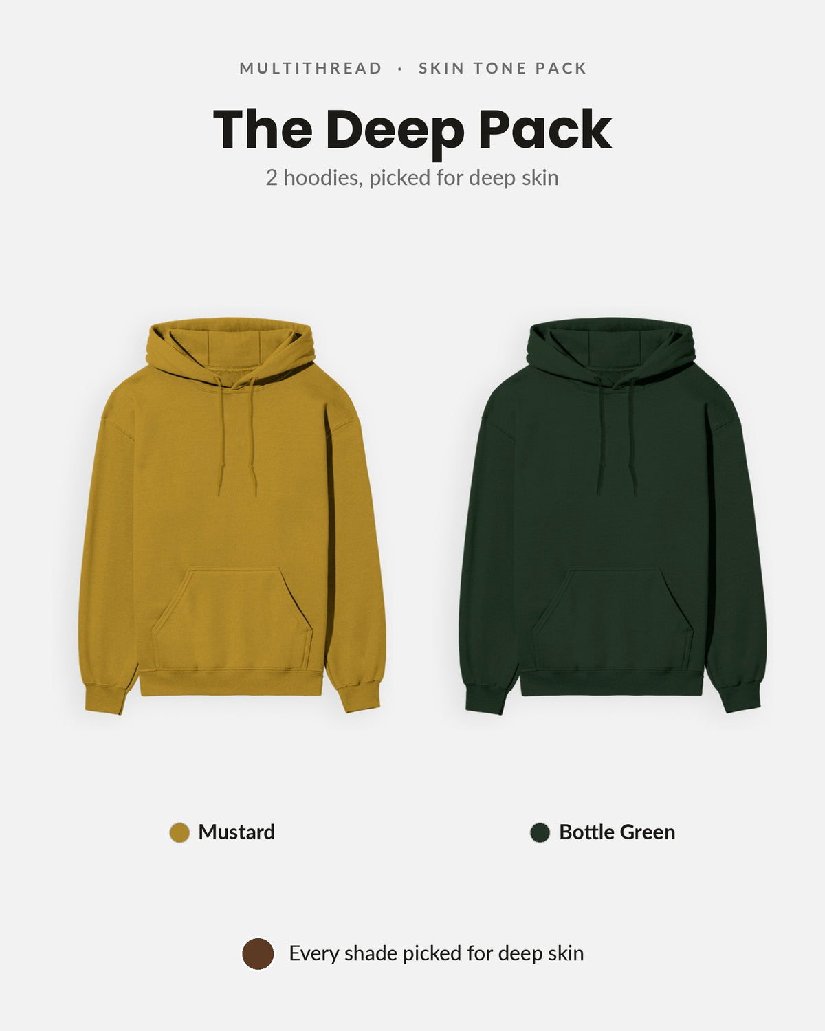 Hoodie 2-pack for deep skin: Mustard Yellow + Bottle Green (flat lay)