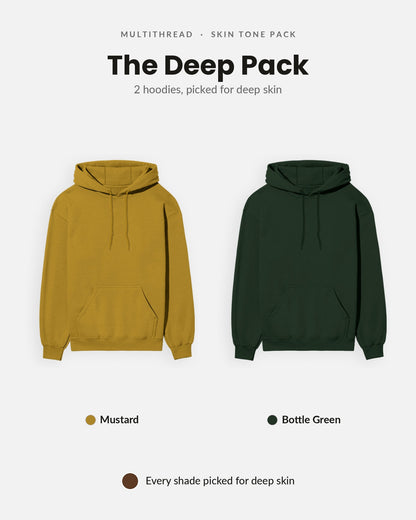 Hoodie 2-pack for deep skin: Mustard Yellow + Bottle Green (flat lay)
