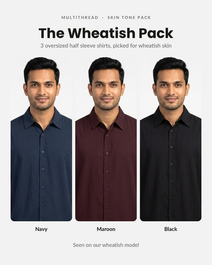 Oversized Half Sleeve Shirt 3-pack for wheatish skin: Navy Blue + Maroon + Black (on model)