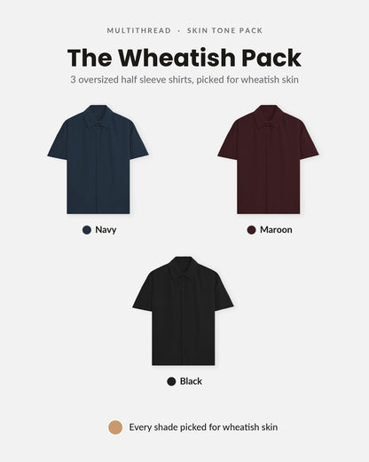 Oversized Half Sleeve Shirt 3-pack for wheatish skin: Navy Blue + Maroon + Black (flat lay)