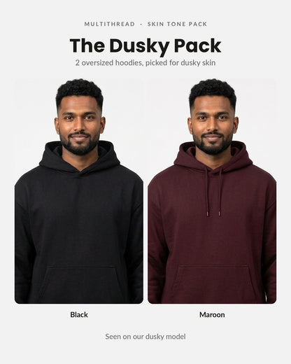 Oversized Hoodie 2-pack for dusky skin: Black + Maroon (on model)