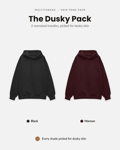Oversized Hoodie 2-pack for dusky skin: Black + Maroon (flat lay)