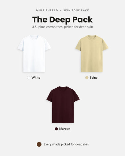 Supima Cotton T-Shirt 3-pack for deep skin: White + Beige + Maroon (flat lay)