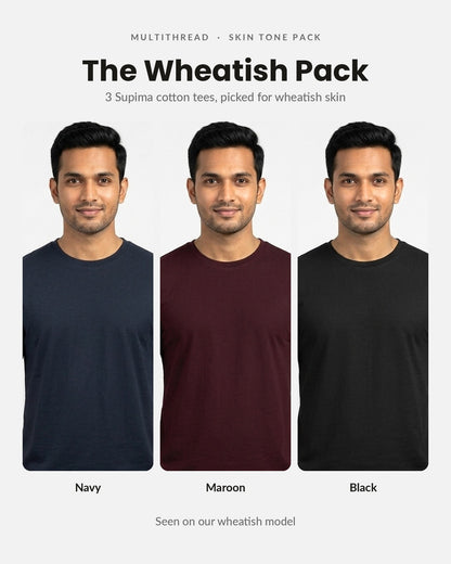 Supima Cotton T-Shirt 3-pack for wheatish skin: Navy Blue + Maroon + Black (on model)