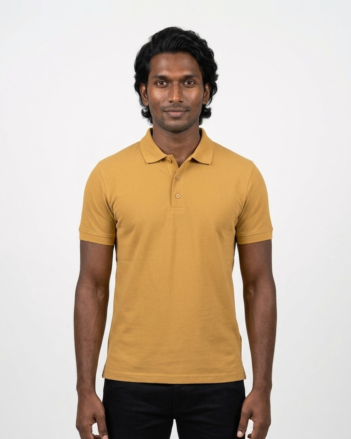 Polo T-Shirt in Mustard Yellow on deep skin — MULTITHREAD
