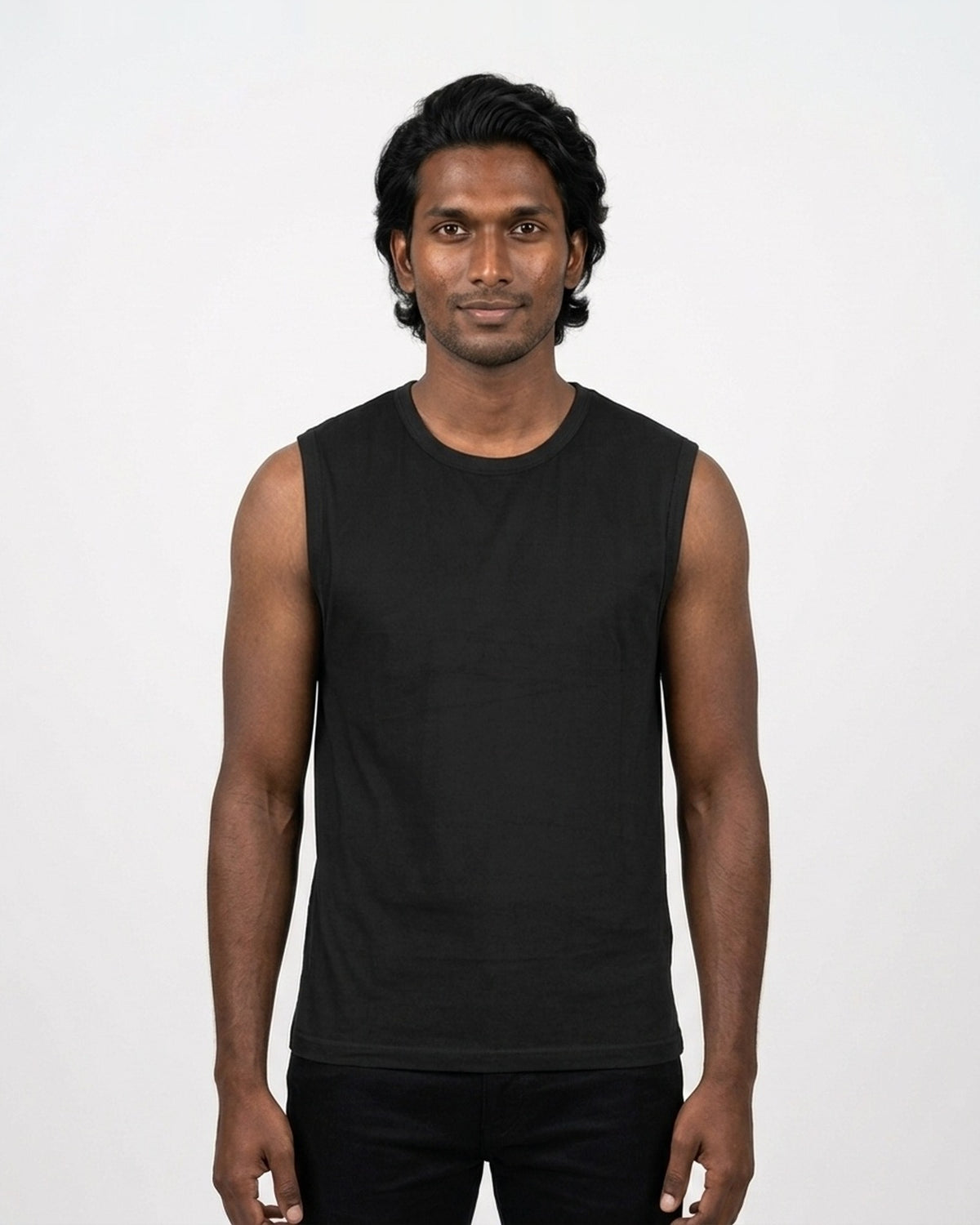 Sleeveless T-Shirt in Black on deep skin — MULTITHREAD
