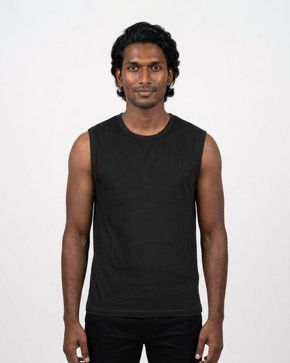 Sleeveless T-Shirt in Black on deep skin — MULTITHREAD
