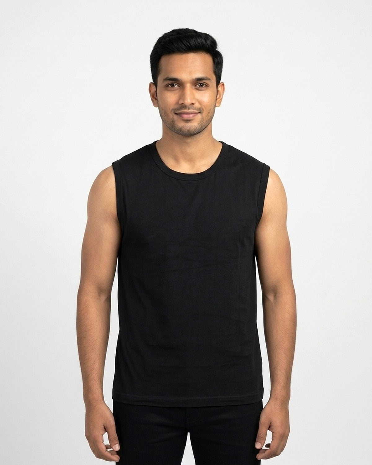 Sleeveless T-Shirt in Black on wheatish skin — MULTITHREAD