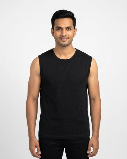 Sleeveless T-Shirt in Black on wheatish skin — MULTITHREAD