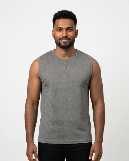 Sleeveless T-Shirt in Charcoal Melange on dusky skin — MULTITHREAD