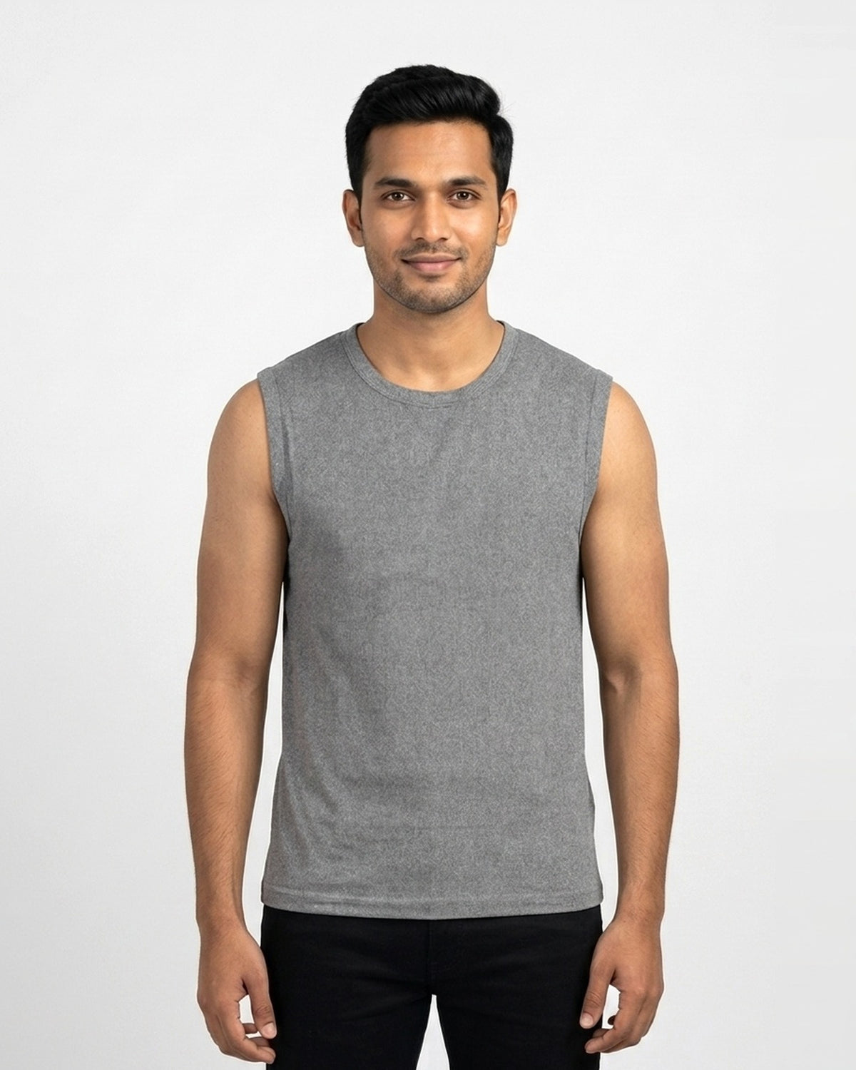 Sleeveless T-Shirt in Charcoal Melange on wheatish skin — MULTITHREAD