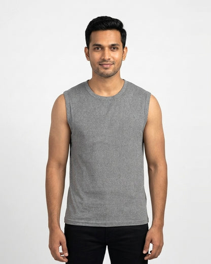 Sleeveless T-Shirt in Charcoal Melange on wheatish skin — MULTITHREAD